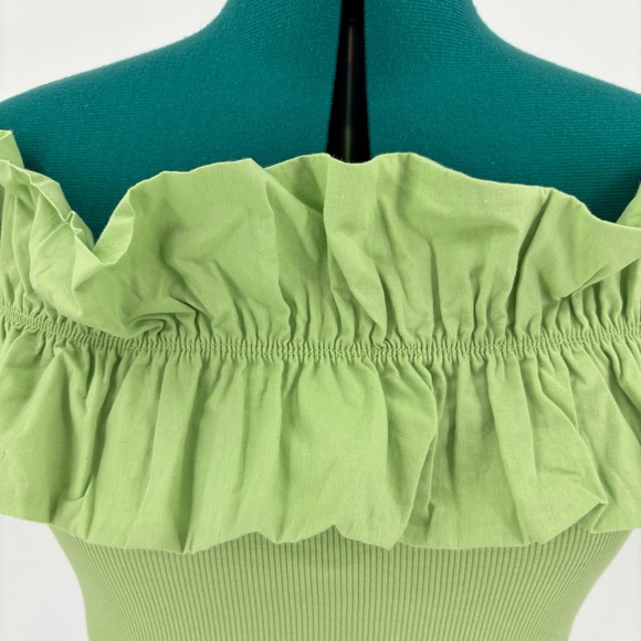 Zara NWT Pear Green Ruffled Off-the-Shoulder Ribbed Crop Top, Medium - Picture 4 of 15